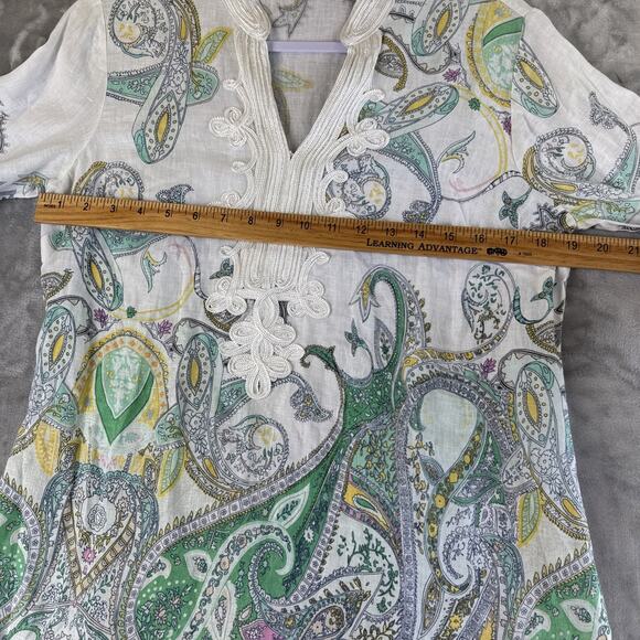 Charter Club Luxury Linen Tunic Top Women's S White Green Paisley Boho (1180) - Picture 10 of 11